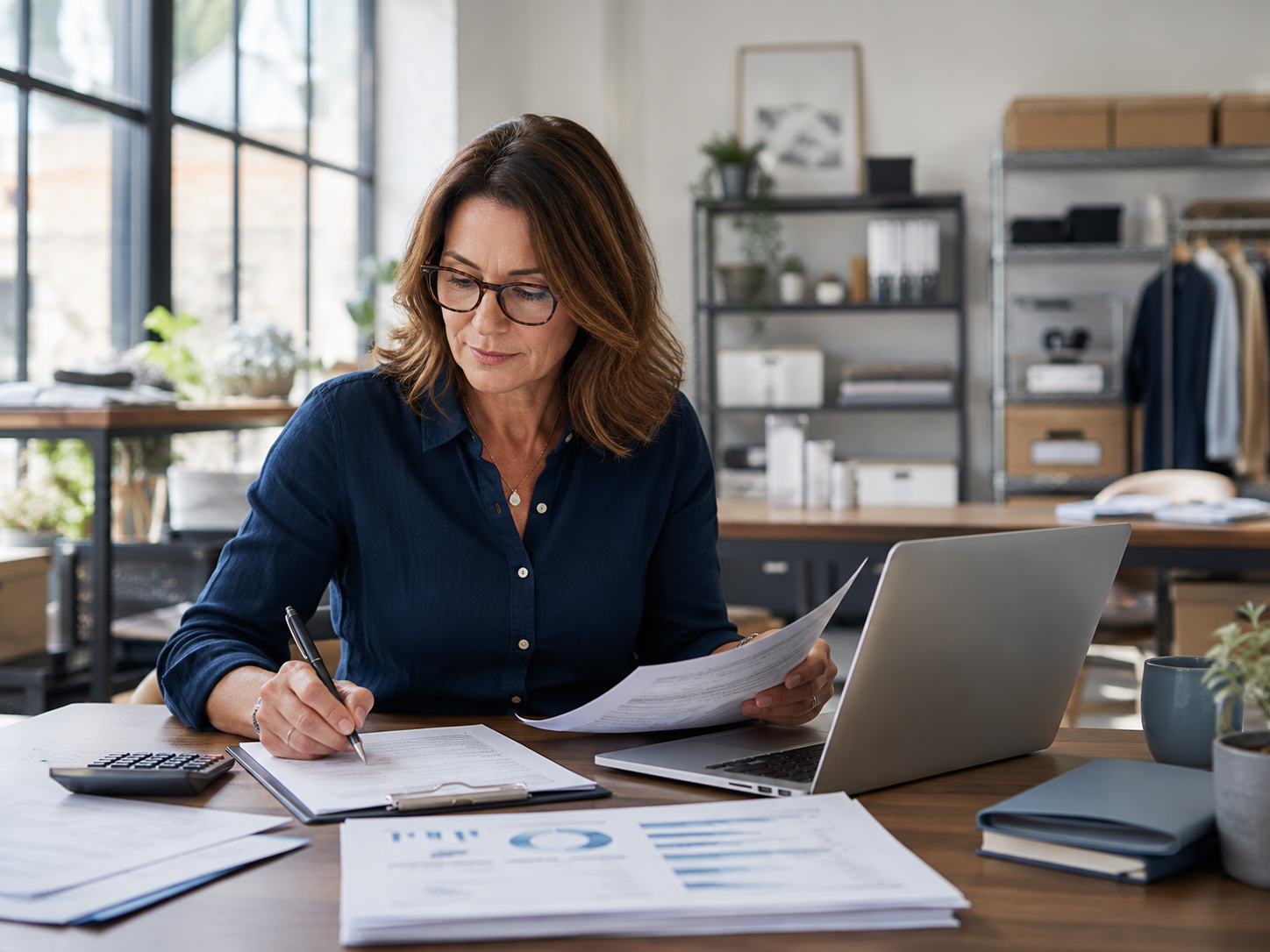 Established business owner preparing for a business funding request in an active workplace