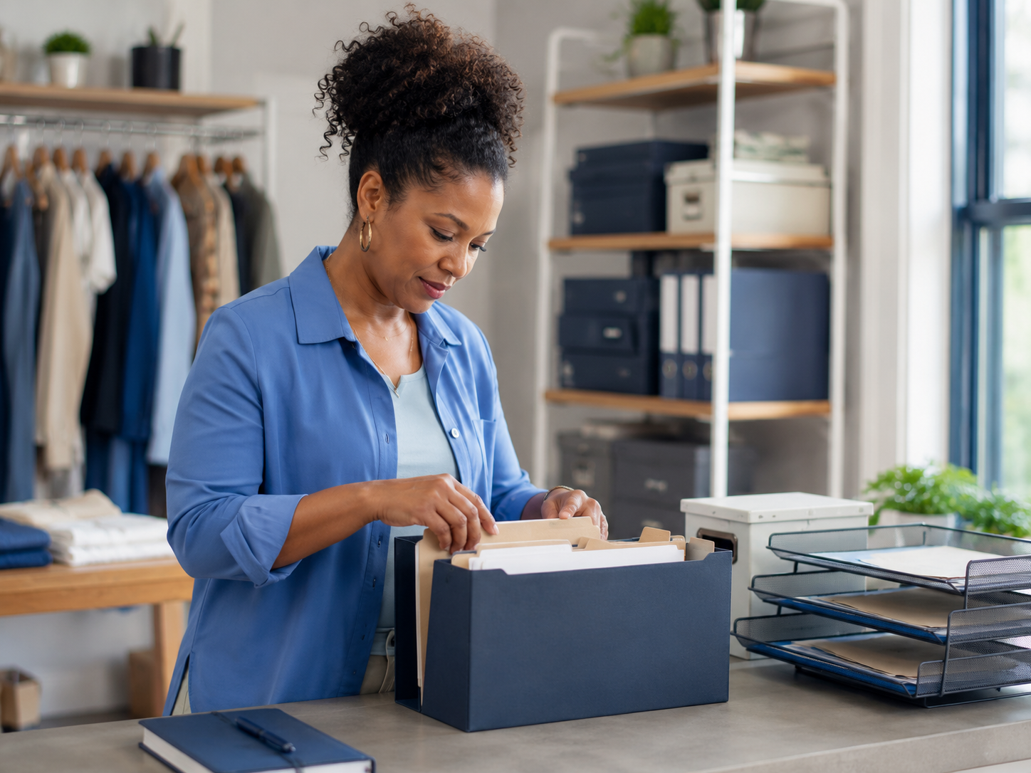 Business owner organizing financial records and business documents before a funding review