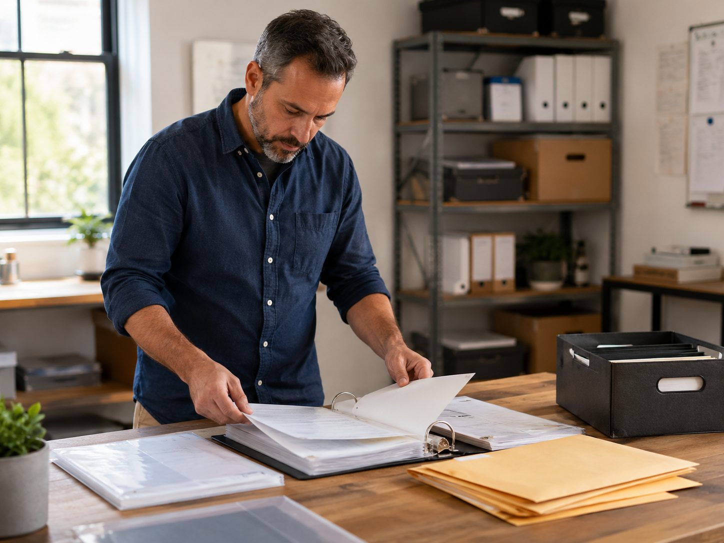 Business owner organizing company identification and ownership records