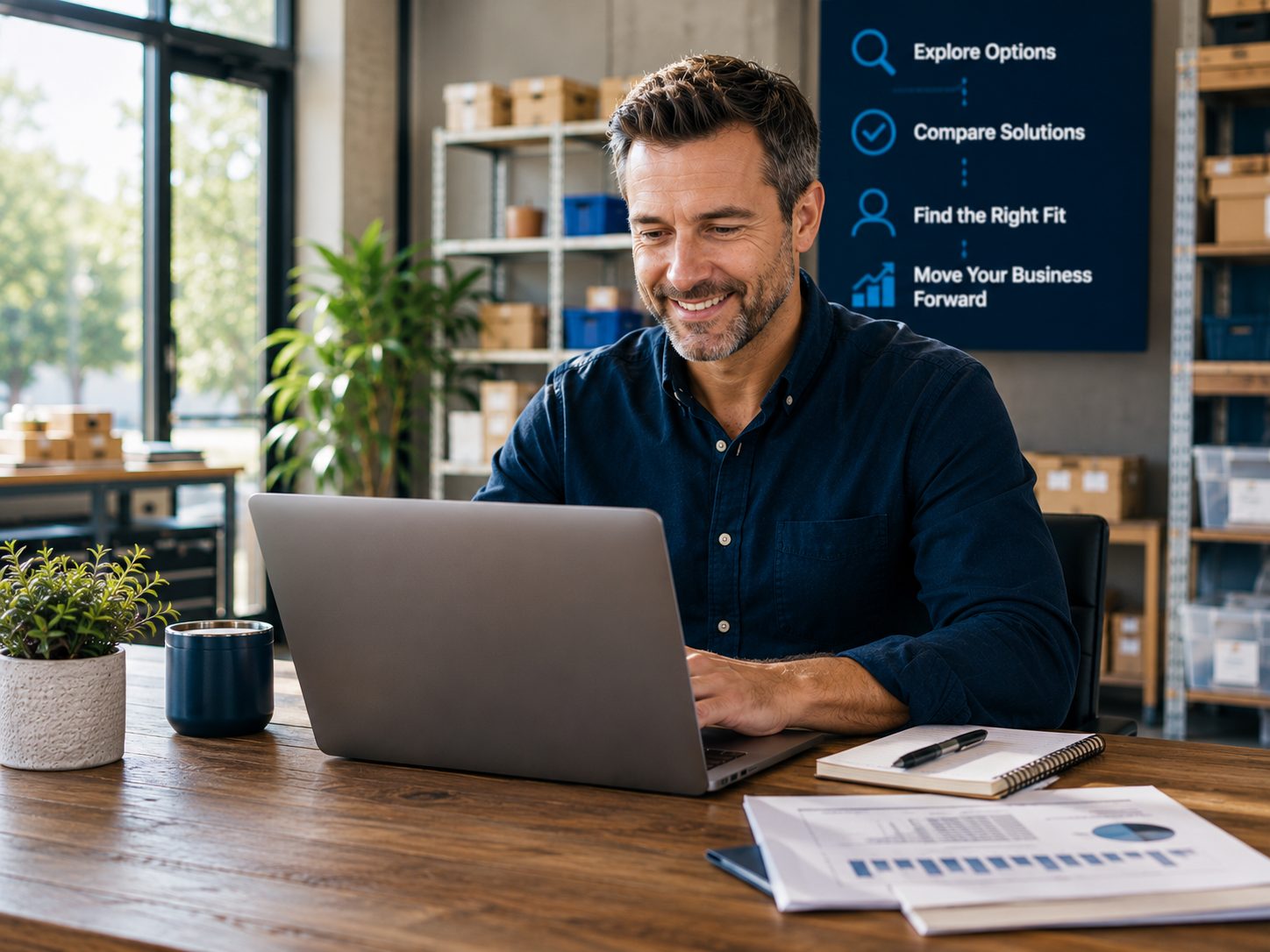 Established business owner reviewing business funding information at a laptop