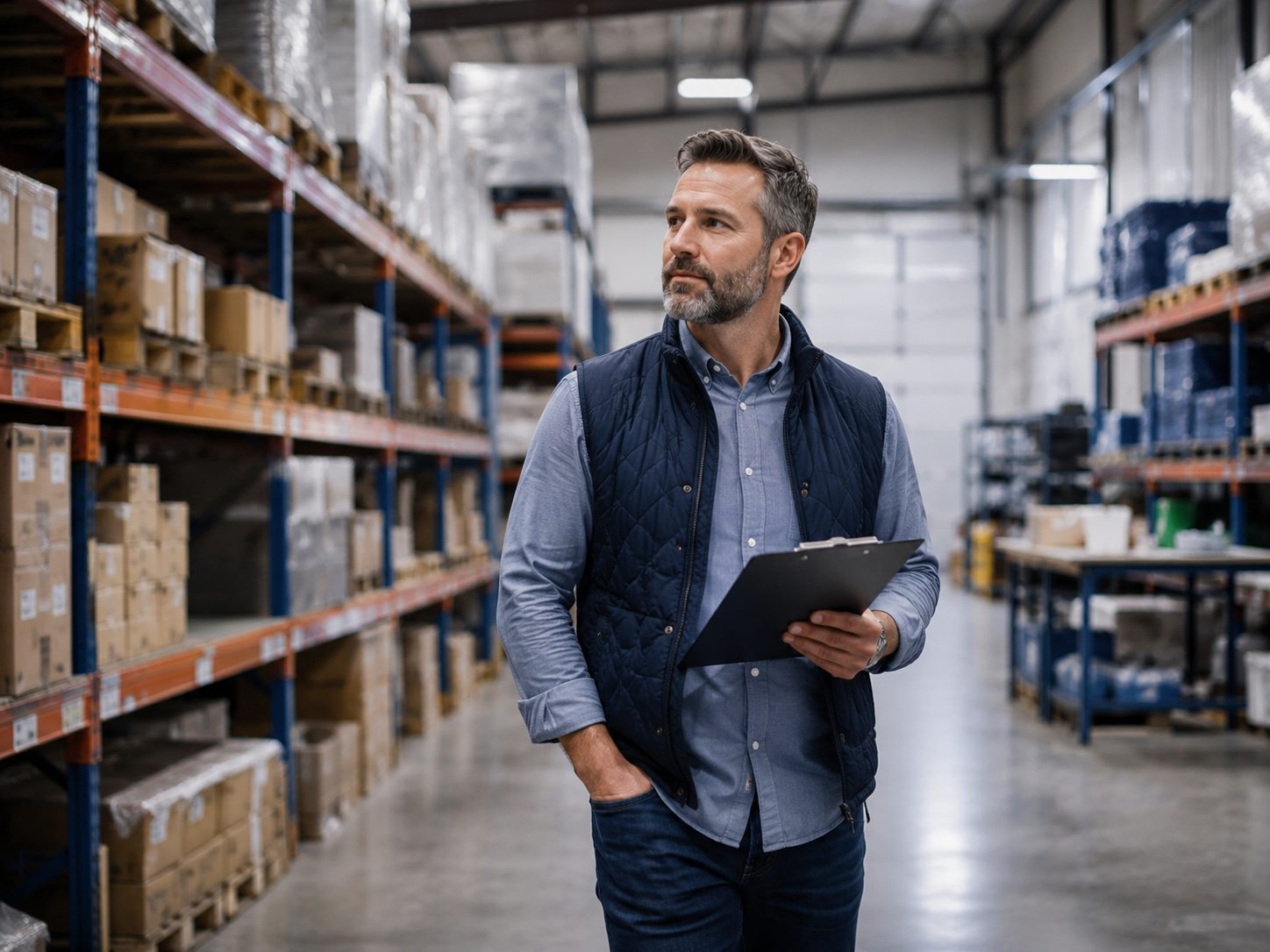 Warehouse owner walking through active inventory aisles while evaluating upcoming business needs