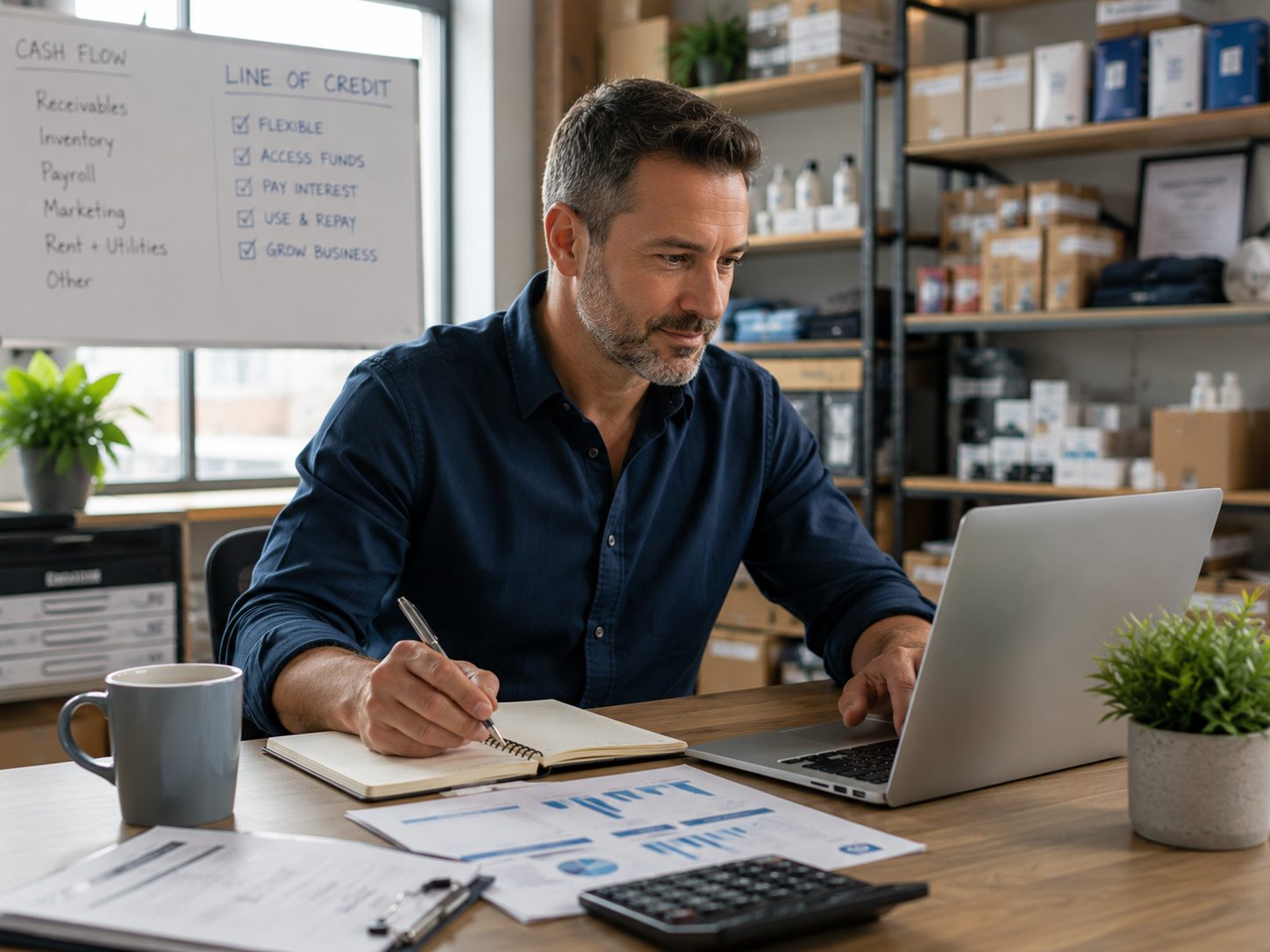 Established business owner reviewing business funding information at a laptop