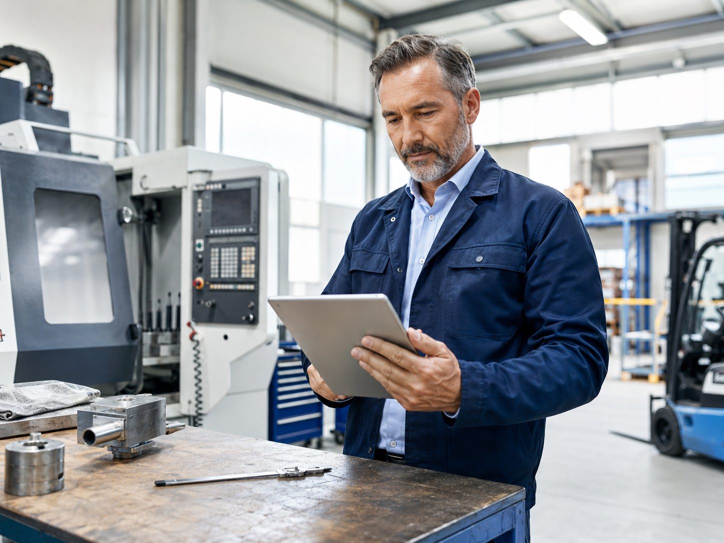 Established business owner reviewing equipment financing options at a laptop