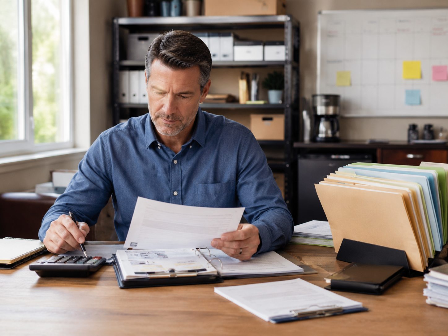 Business owner reviewing current obligations and payment commitments