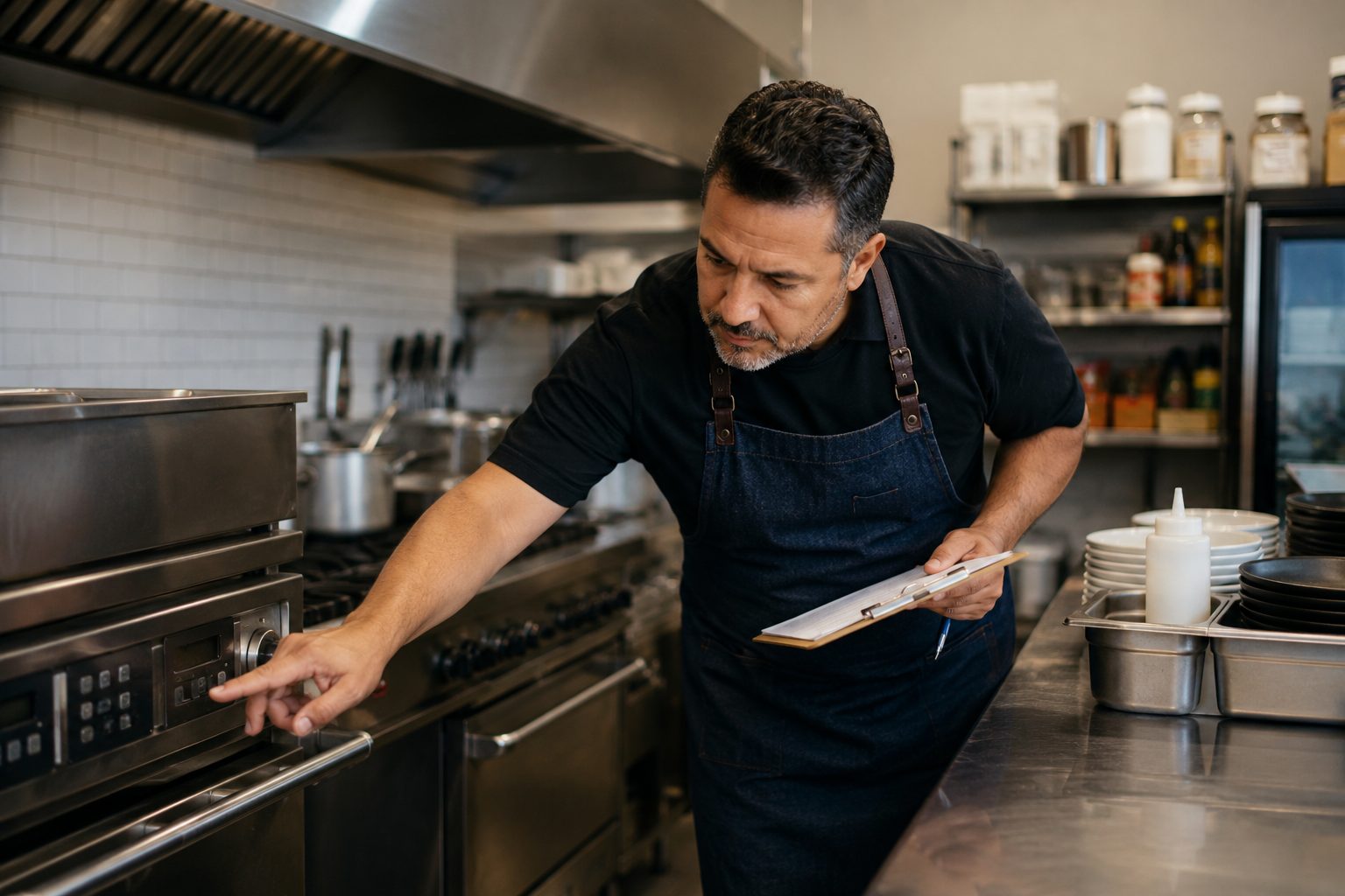 Restaurant operator inspecting commercial kitchen equipment before planning a major purchase