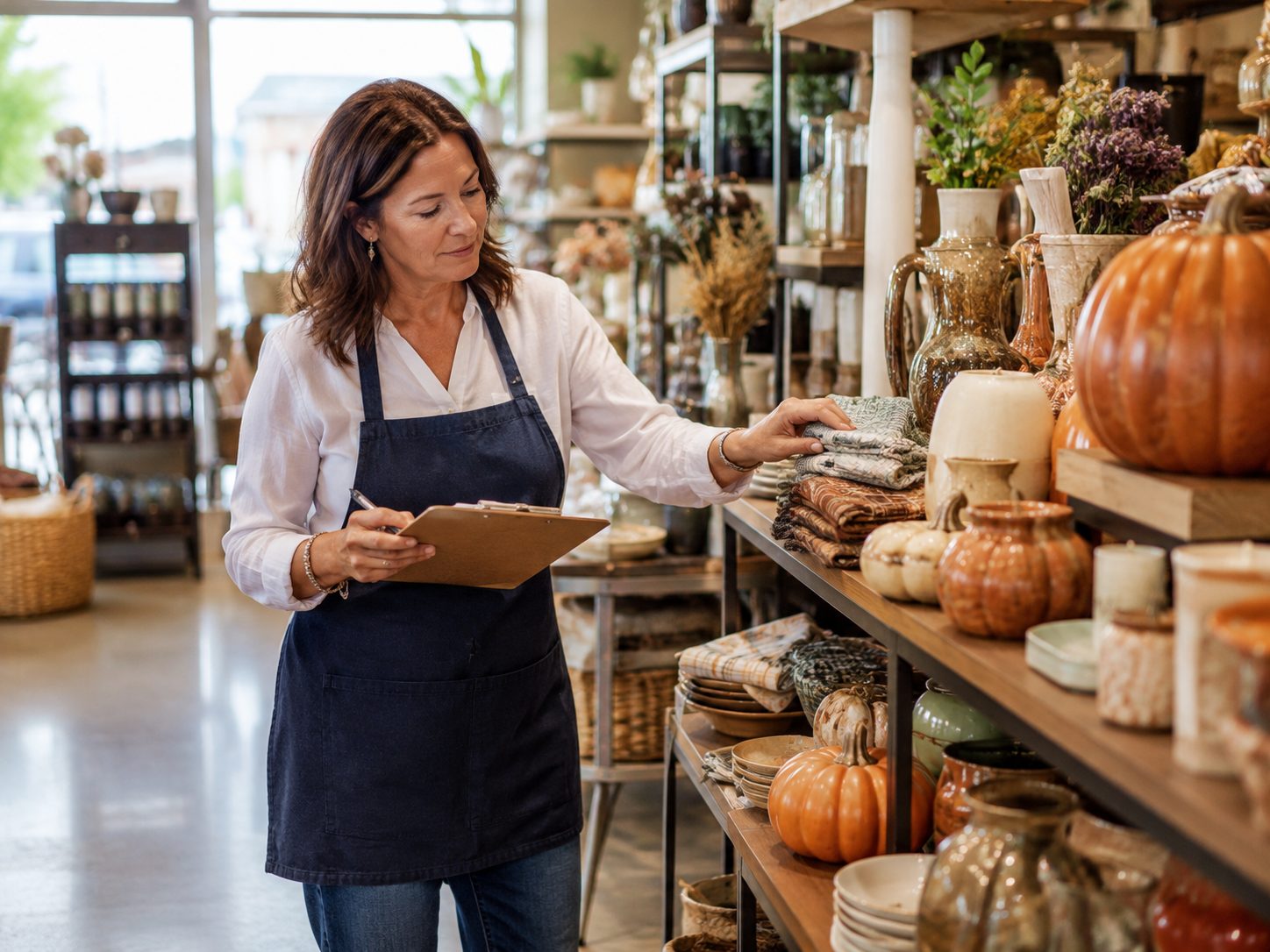Retail owner checking seasonal merchandise and restocking needs on the sales floor