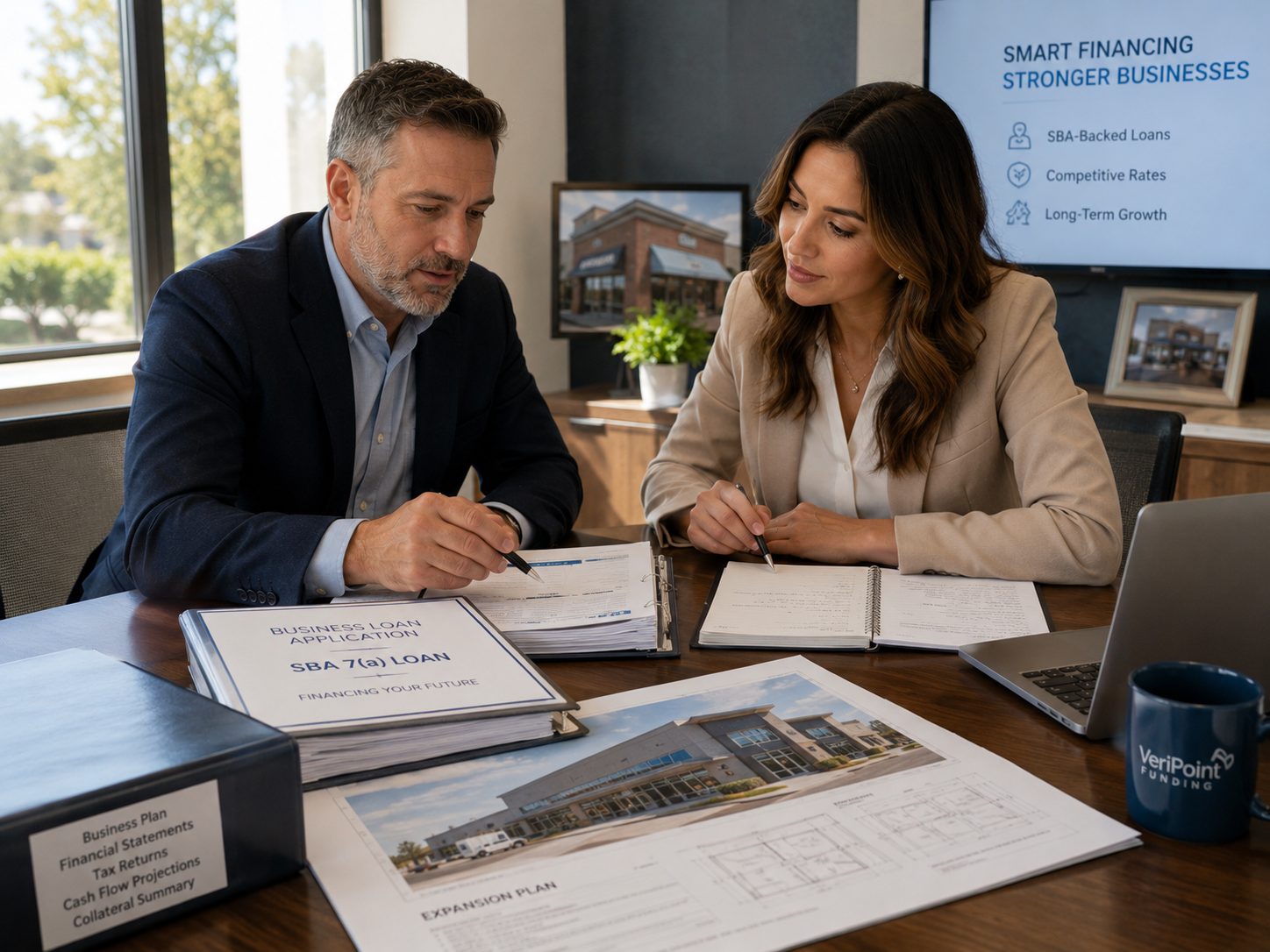 Established business owner reviewing SBA loan options at a laptop