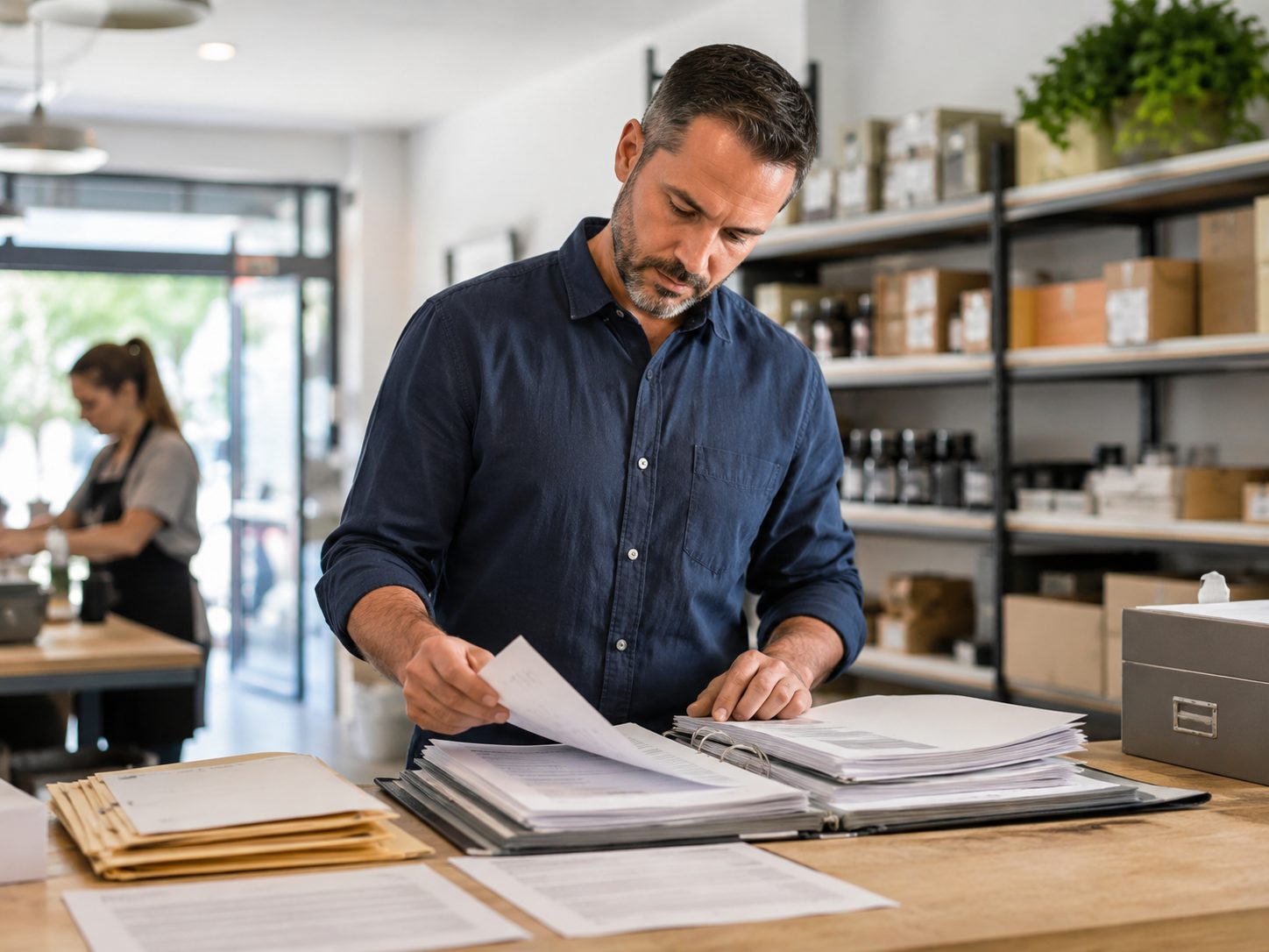 Small business owner reviewing organized business records in an active workplace