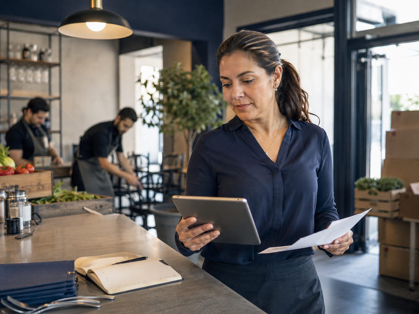 Established business owner reviewing working capital options at a laptop